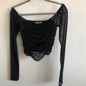 Black off the shoulder mesh long sleeve crop top